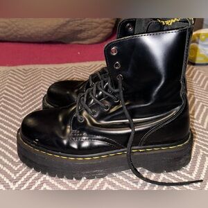 Black Platform Lace-Up Doc Martens Boots with Yellow Stitching